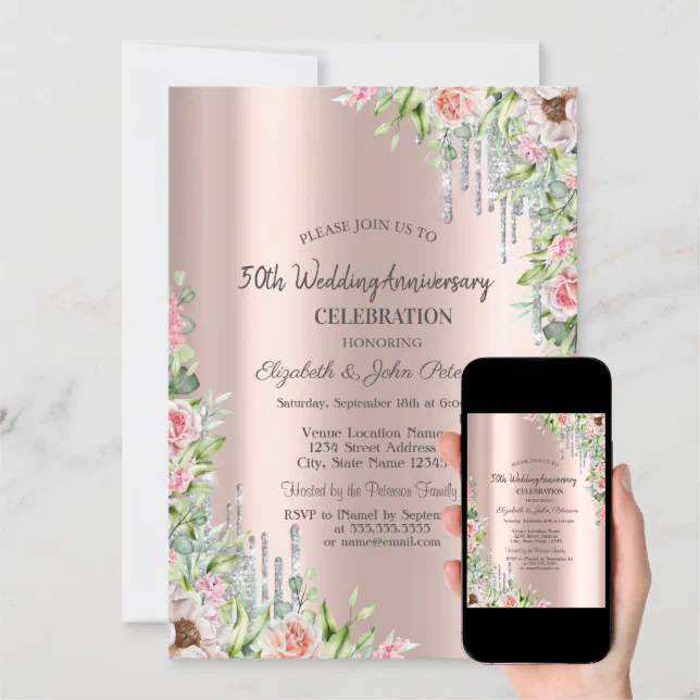 Glitter Drips Rose Gold Floral Wedding Anniversary Invitation Zazzle