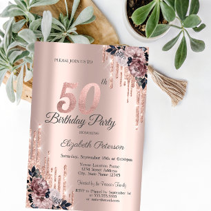 Glitter Drips Rose Gold Flowers 50th Birthday Invitation