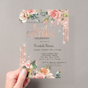 Glitter Drips Rose Gold High Heels Roses Sweet 16 Acrylic Invitations