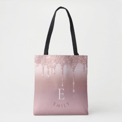 Glitter Drips Rose Gold Initial Name Monogram Tote Bag