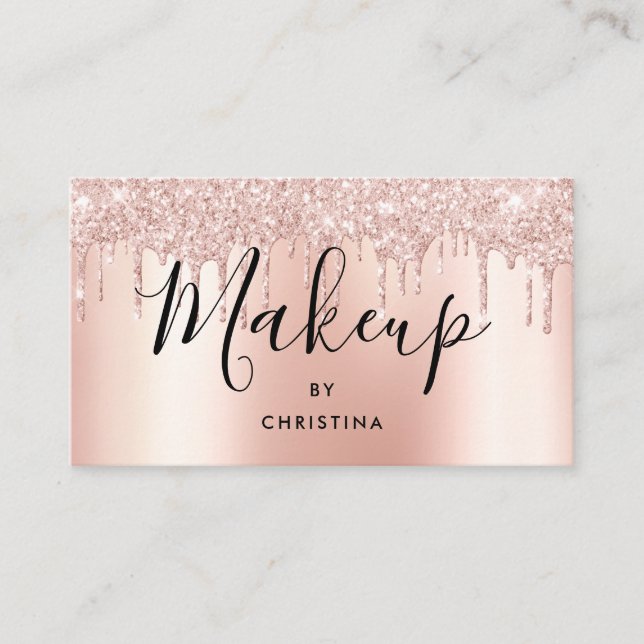 Glitter drips rose gold metallic makeup artist business card (Front)