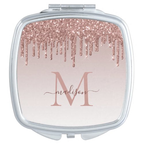 Glitter Drips Rose Gold Monogram Elegant Script Compact Mirror