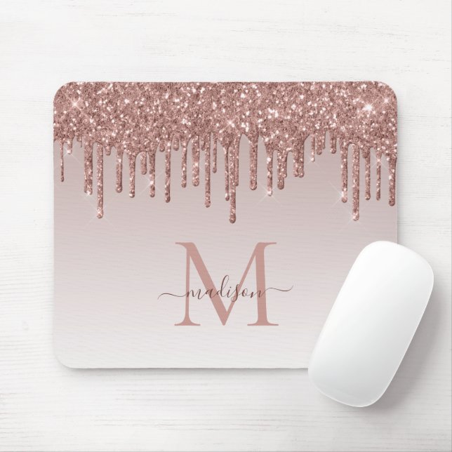 Glitter Drips Rose Gold Monogram Elegant Script Mouse Pad (With Mouse)