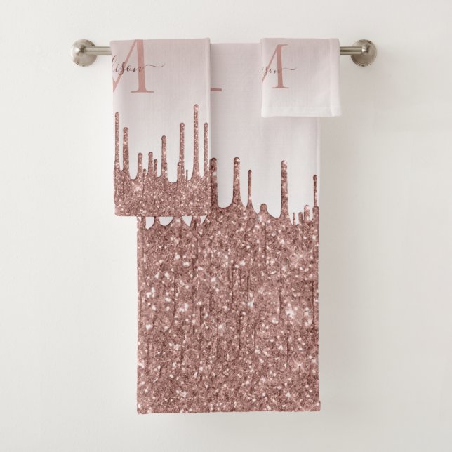 Glitter Drips Rose Gold Monogram Feminine Script Bath Towel Set (Insitu)