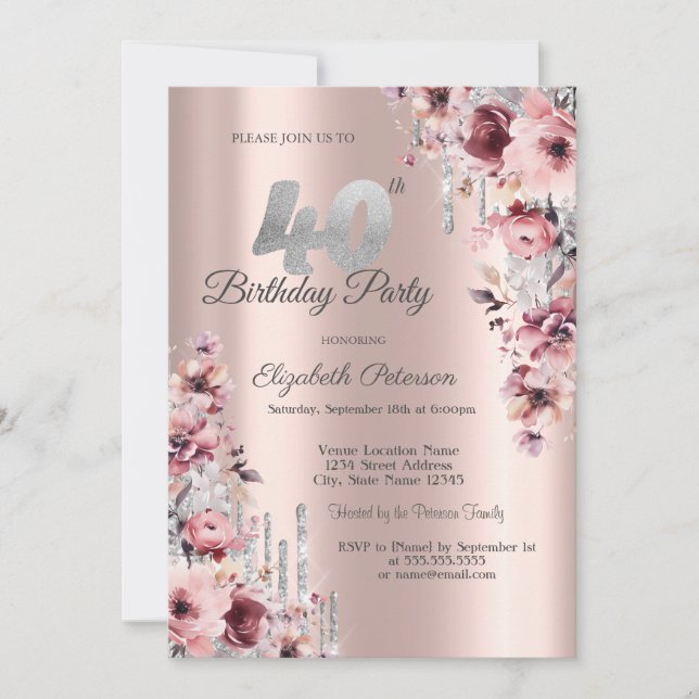 Glitter Drips Rose Gold Pink Floral 40th Birthday Invitation (Front)