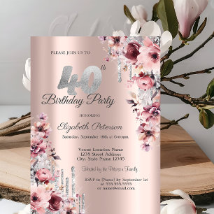 Glitter Drips Rose Gold Pink Floral 40th Birthday Invitation
