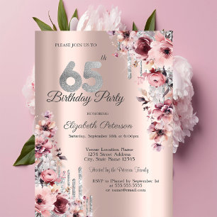 Glitter Drips Rose Gold Pink Floral 65th Birthday  Invitation