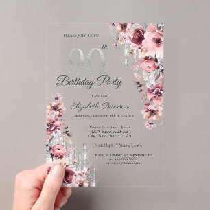 Glitter Drips Rose Gold Pink Floral 90th Birthday Acrylic Invitations