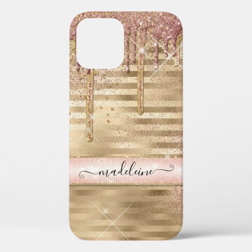 Glitter Drips Rose Gold Striped Girly Script Name iPhone 12 Case