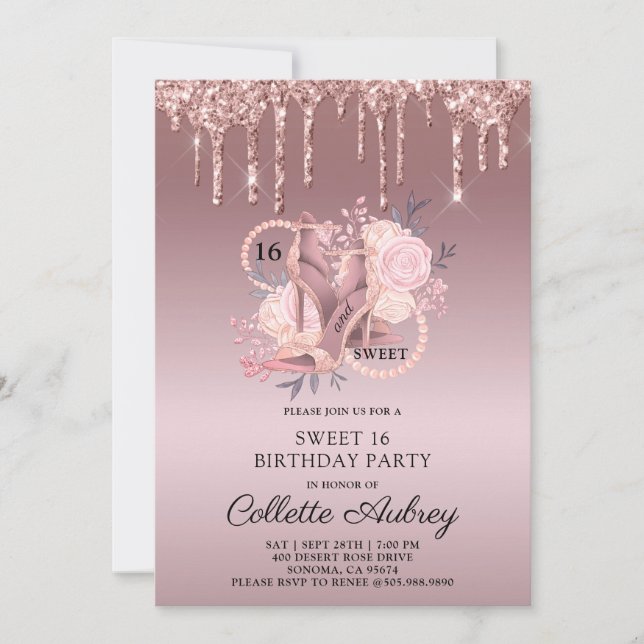 Glitter Drips Rose Gold Sweet 16 Birthday Invitation (Front)