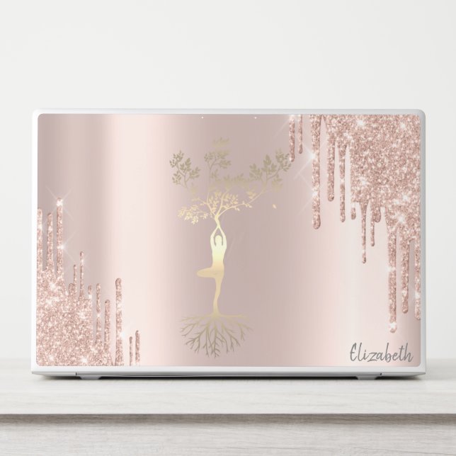 Glitter Drips Rose Gold Tree Women Silhouette HP Laptop Skin (Front)