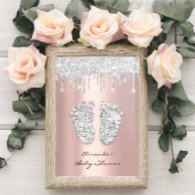 Glitter Drips Rose Gray Baby Girl Shower Feet Invitation