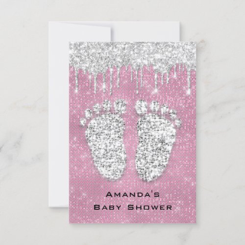 Glitter Drips Rose Gray Baby Girl Shower Feet Pink Invitation