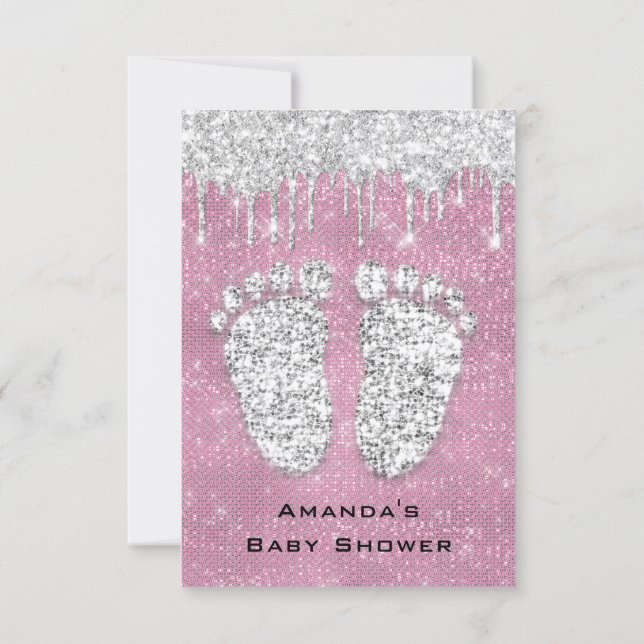 Glitter Drips Rose Gray Baby Girl Shower Feet Pink Invitation (Back)