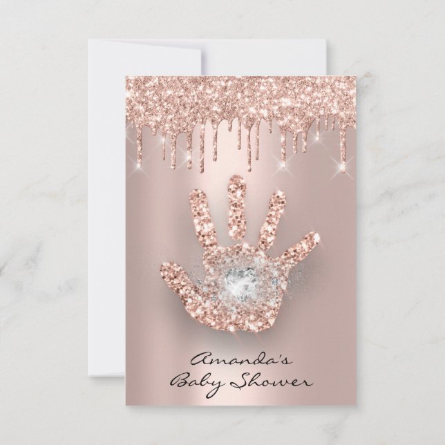 Glitter Drips Rose Heart  Crystal Baby Shower Hand Invitation (Back)