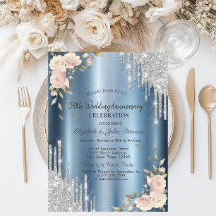 Glitter Drips,Roses, Blue Wedding Anniversary Invitation