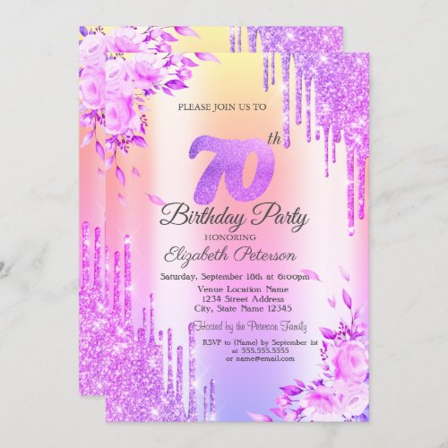 Glitter DripsRosesViolet 70th Birthday  Invitation