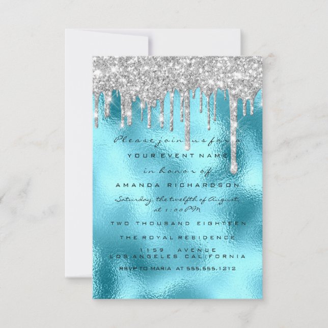 Glitter Drips Silver Blue Bridal Sweet 16th Ocean Invitation (Front)