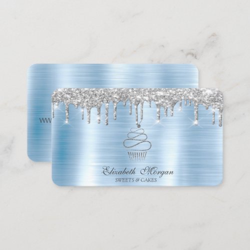Glitter Drips Silver Cupcake Bakery Blue Metallic Business Card