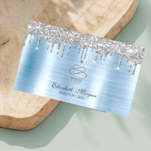 Glitter Drips Silver Cupcake Bakery Blue Metallic Business Card