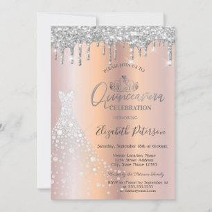 Glitter Drips Silver Diamond Dress Quinceañera Invitation