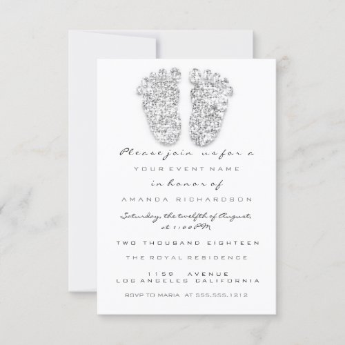 Glitter Drips Silver Gray Baby Girl Shower Feet Invitation