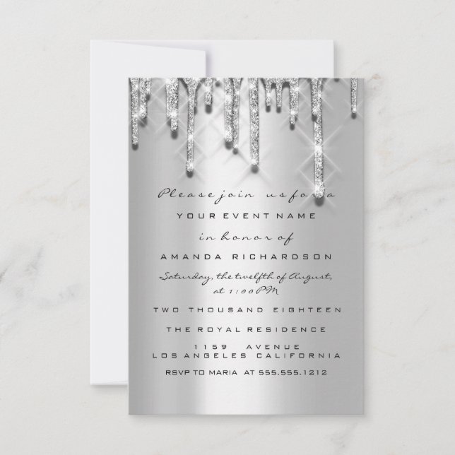 Glitter Drips Silver Gray  Bridal Sweet 16th 3d Invitation (Front)
