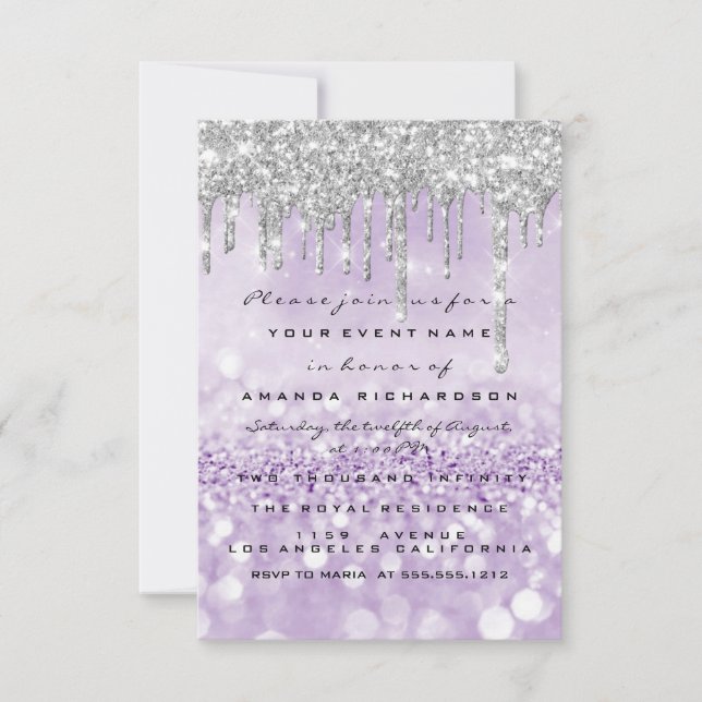 Glitter Drips Silver Purple Bridal Sweet 16th Invitation (Front)