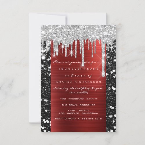 Glitter Drips Silver Red Black Bridal Sweet 16th   Invitation