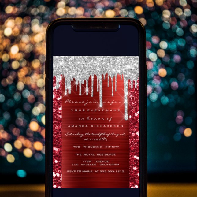 Glitter Drips Silver Red Ruby Bridal Sweet 16th  Invitation (Creator Uploaded)