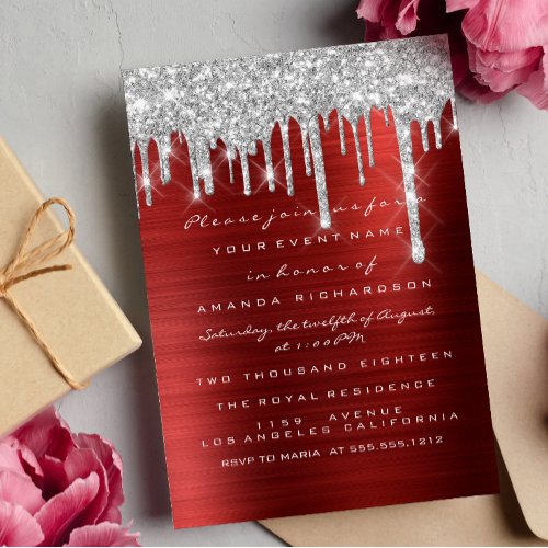 Glitter Drips Silver Red Ruby Bridal Sweet 16th Invitation
