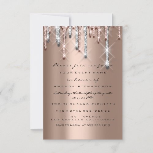 Glitter Drips Silver Rose Bridal Sweet 16th Glam Invitation