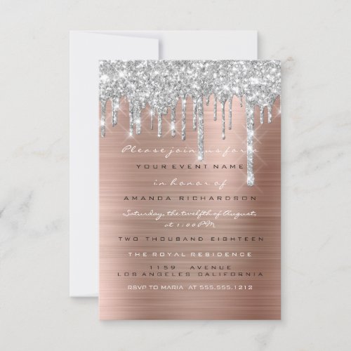 Glitter Drips Silver Rose Gold  Bridal Sweet 16th Invitation