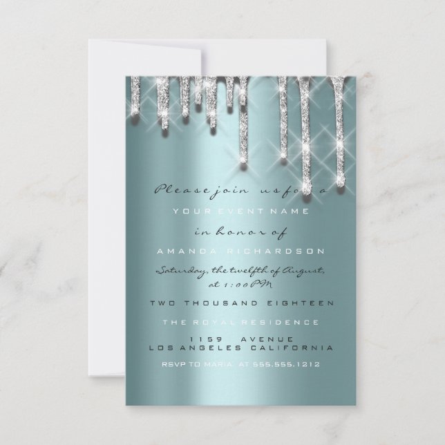 Glitter Drips Silver Teal Bridal Sweet 16th 3d Invitation (Front)