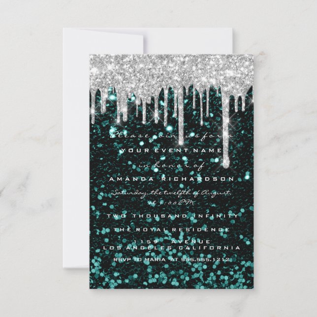 Glitter Drips Silver teal Bridal Sweet 16tt Invitation (Front)