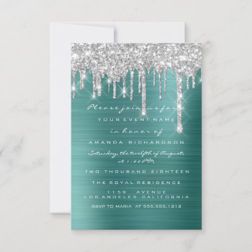 Glitter Drips Silver Teal Green Bridal Sweet 16th Invitation