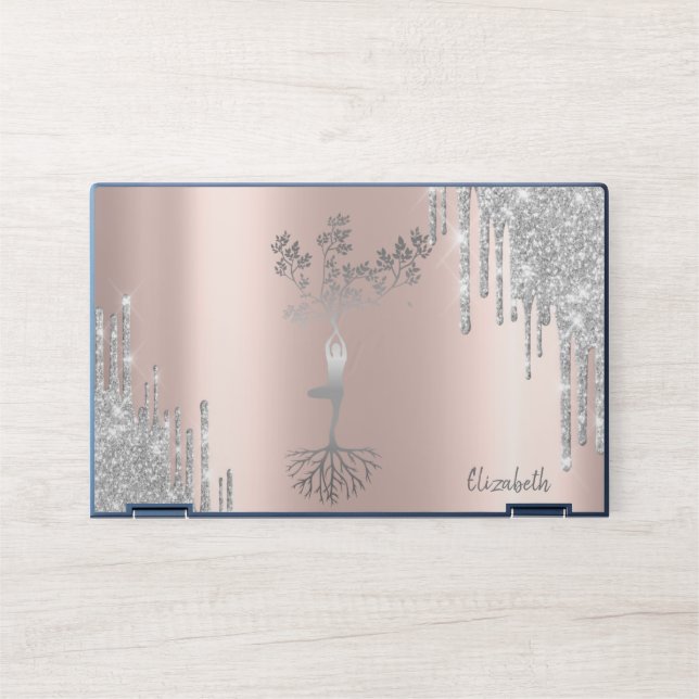 Glitter Drips Silver Tree Women Silhouette  HP Laptop Skin (Front)