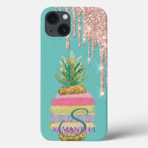 Glitter Drips Striped Pineapple Mint Green  iPhone 13 Case