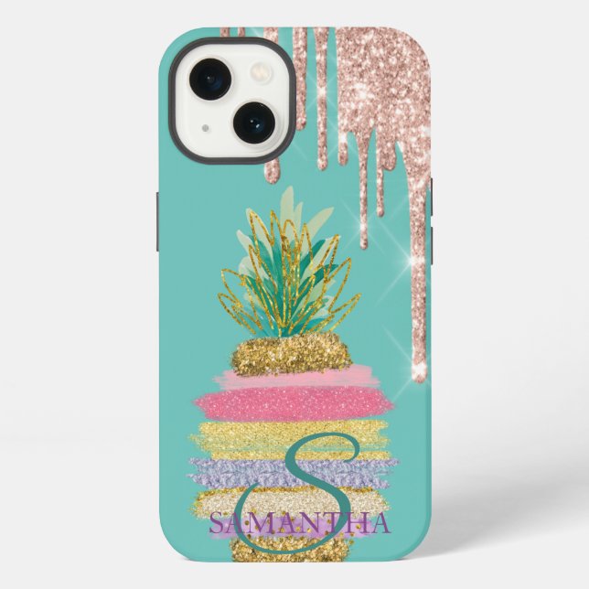 Glitter Drips Striped Pineapple Mint Green  Iphone Case (Back)