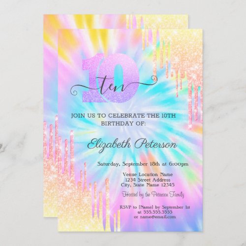 Glitter Drips Tie Dye 10th Birthday Invitation