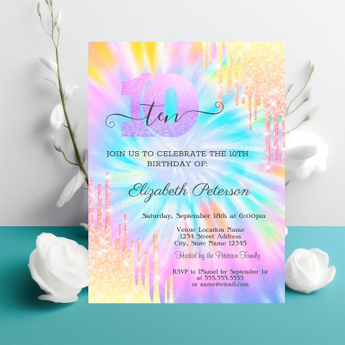 Glitter Drips Tie Dye 10th Birthday Invitation