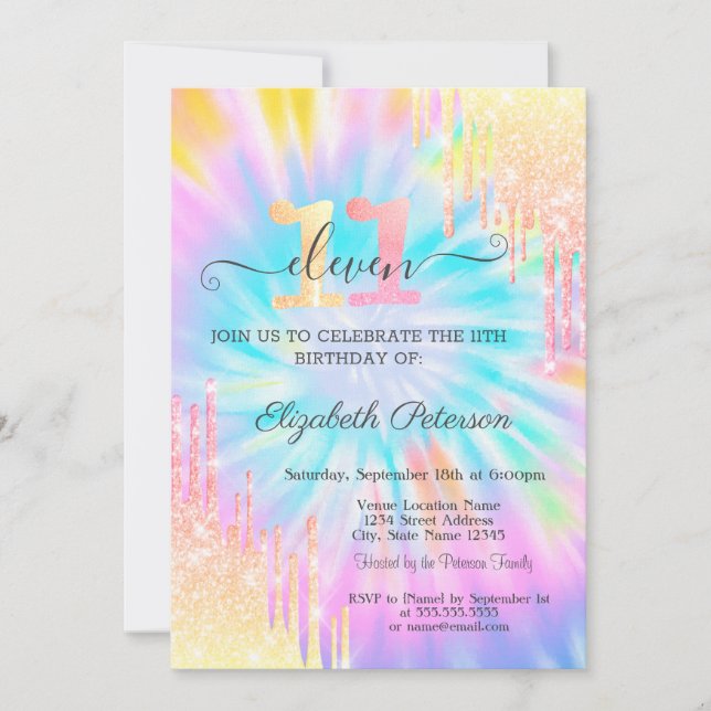 Glitter Drips Tie Dye 11th Birthday Invitation (Front)