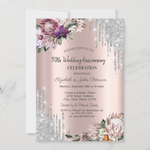 Glitter Drips,Tropical Flowers Rose Gold Wedding Invitation