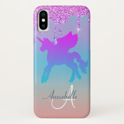 Glitter Drips Unicorn Pink Rainbow Name iPhone X Case