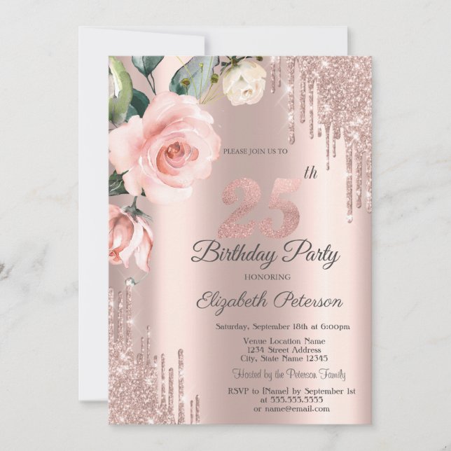 Glitter Drips Watercolor Roses 25th Birthday   Invitation (Front)