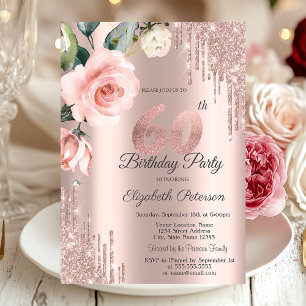 Glitter Drips Watercolor Roses 60th Birthday Invitation