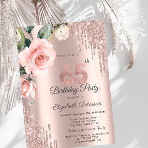 Glitter Drips Watercolor Roses 65th Birthday Invitation