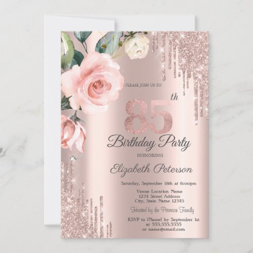 Glitter Drips Watercolor Roses 85th Birthday   Invitation