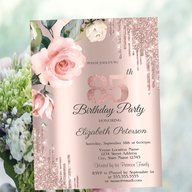 Glitter Drips Watercolor Roses 85th Birthday   Invitation (Creator Uploaded)