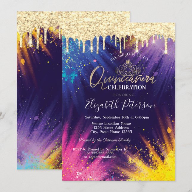 Glitter Drips Watercolor Splash Quinceañera Invitation (Front/Back)